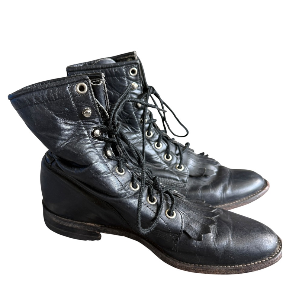 Justin fringe Lace Up Kiltie Roper Boots Vintage 90s Western USA Women 6 B Black